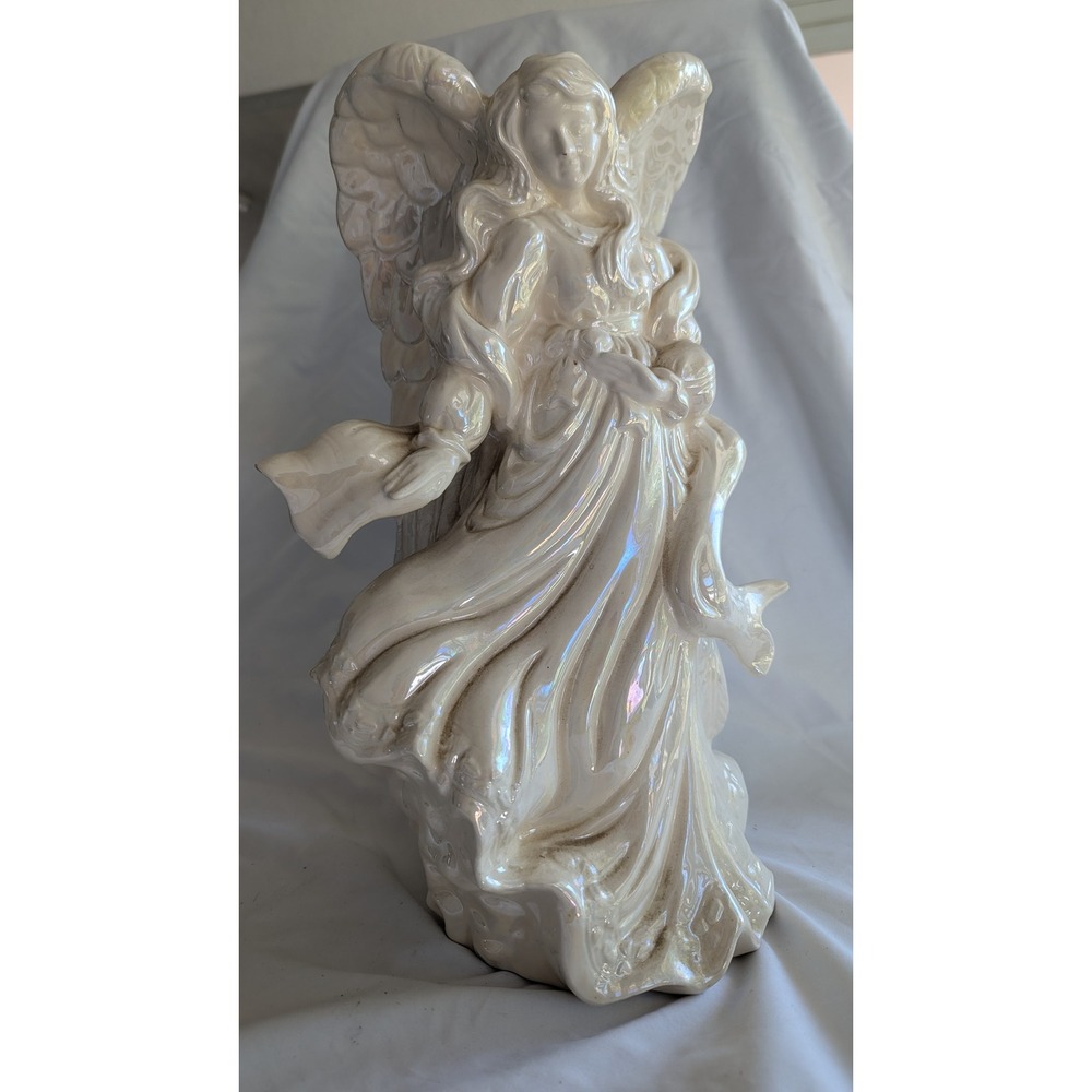 Vintage Iridescent Pearlized Ceramic Angel Figurine 15.5 Inch Statue Cream